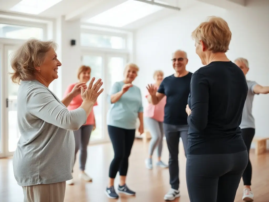 A senior fitness class in session, with participants smiling and engaging in low-impact exercises, highlighting the health benefits and active lifestyle promoted by DETENTE SPORTIVE DE SAINT REMY.