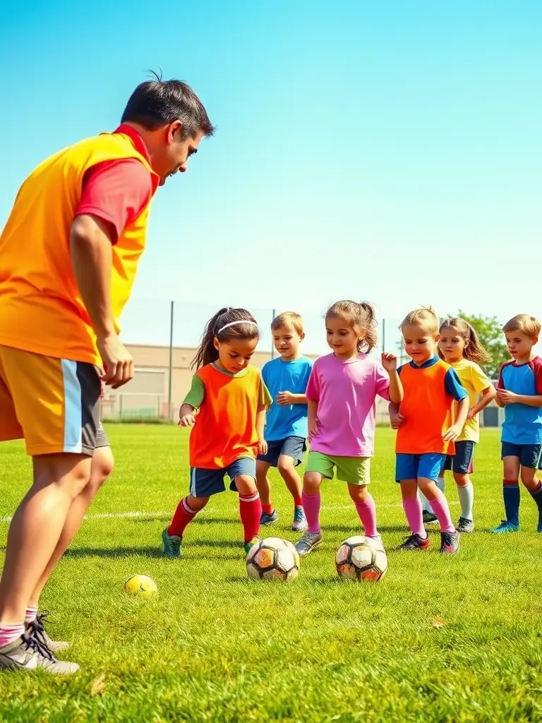 A vibrant image of children participating in a soccer clinic, showcasing teamwork and active engagement, set against a backdrop of the Saint Remy community.