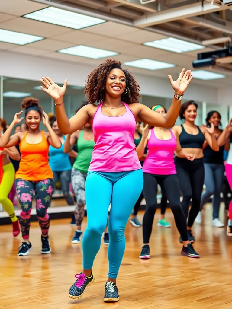 A diverse group of adults participating in a Zumba class in a community hall, highlighting the inclusivity of the fitness programs.