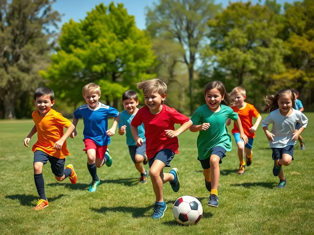 A vibrant image of children participating in a soccer clinic, showcasing teamwork and active engagement, set against a backdrop of a sunny field in Saint-Remy.