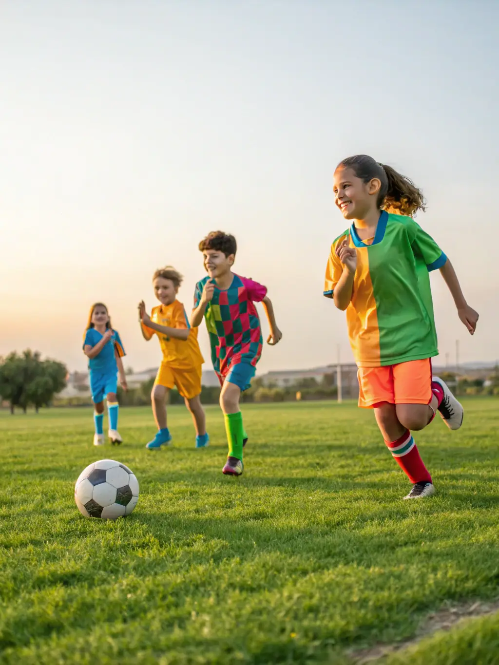 A group of children playing soccer on a sunny field, wearing DETENTE SPORTIVE DE SAINT REMY jerseys, showcasing youth engagement in sports.