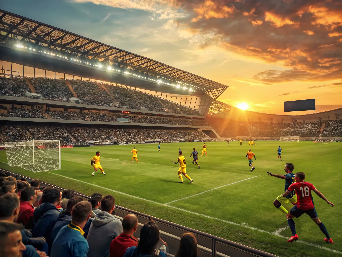 A vibrant image showing diverse community members participating in a local soccer match, smiling and enjoying the activity outdoors.