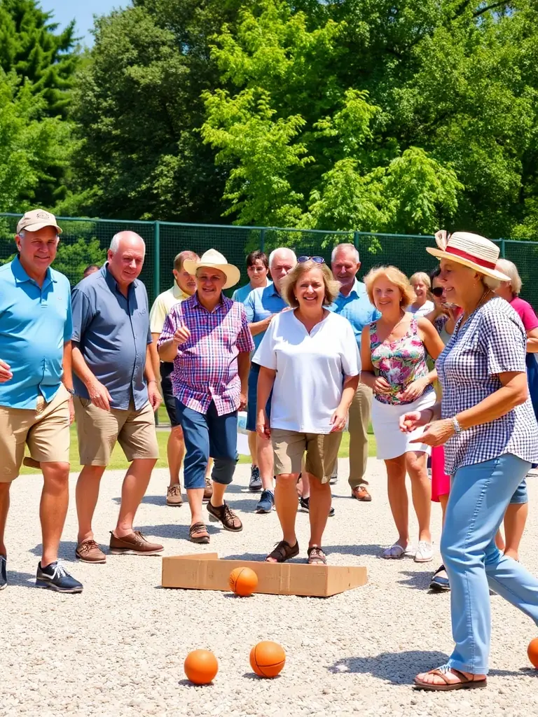 Seniors playing pétanque in a park, emphasizing the organization's commitment to active aging and social engagement.