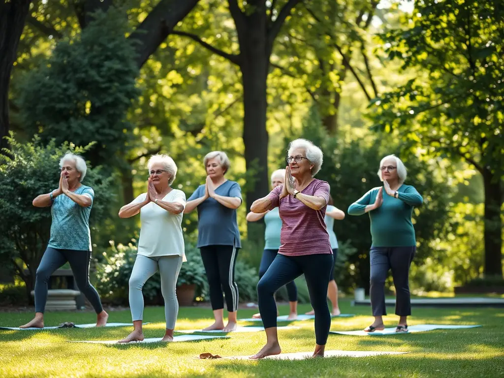 An image of senior citizens participating in a gentle fitness class in a park, led by an instructor.