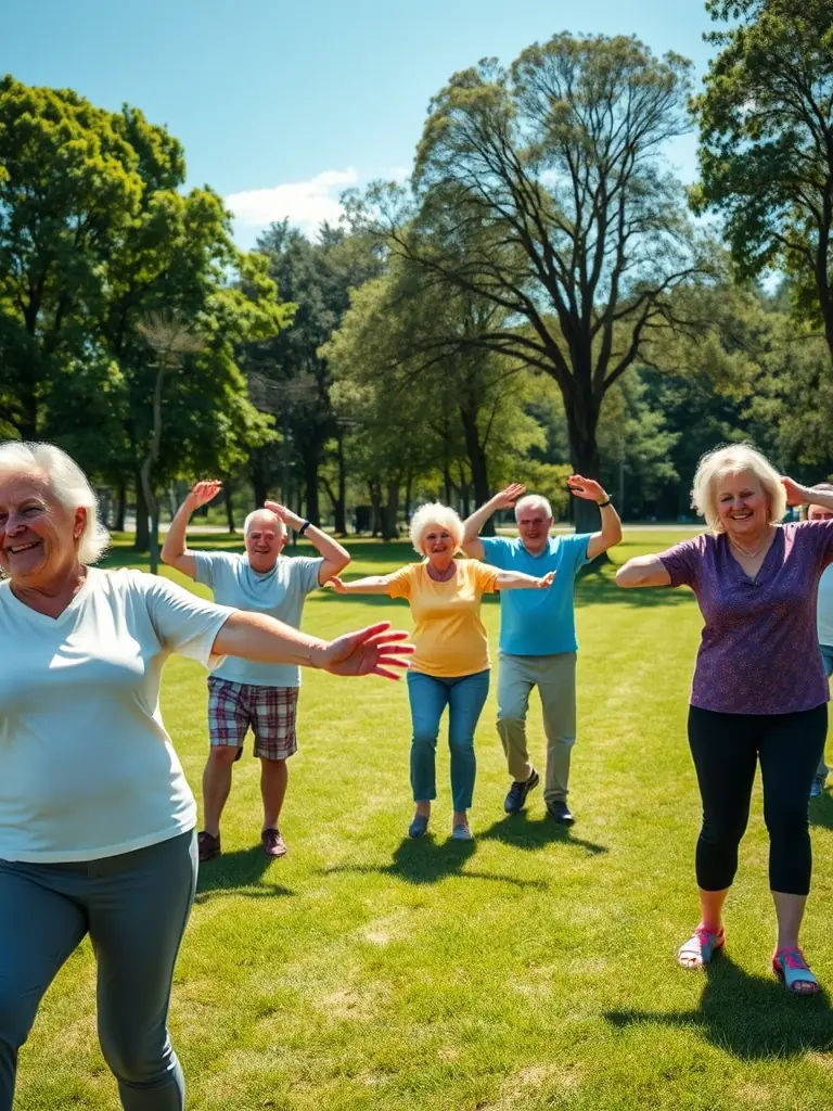 An inspiring image of senior citizens participating in a gentle exercise session, promoting mobility, social interaction, and overall well-being in Saint Remy.