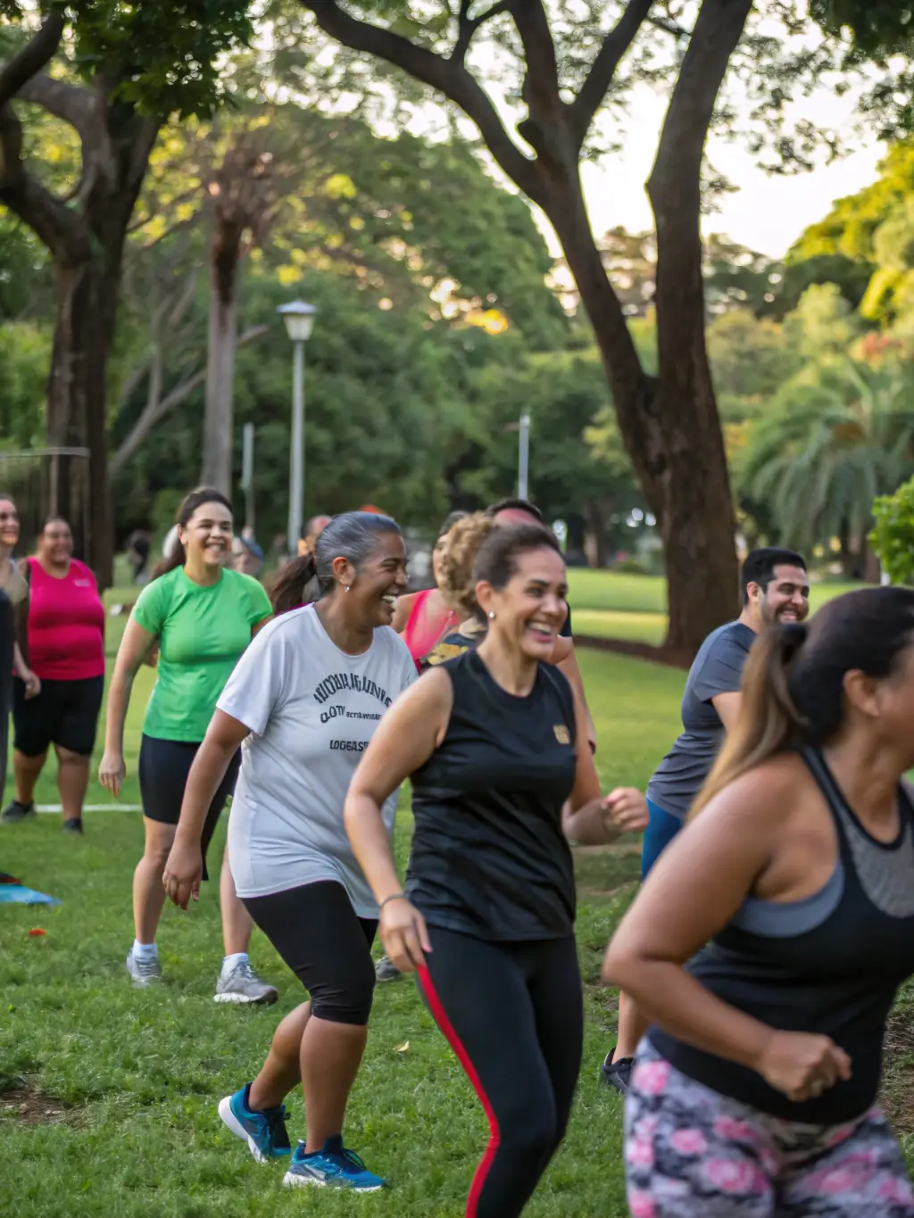A dynamic image of adults participating in a fitness class in a local park, emphasizing health, wellness, and community interaction in Saint Remy.