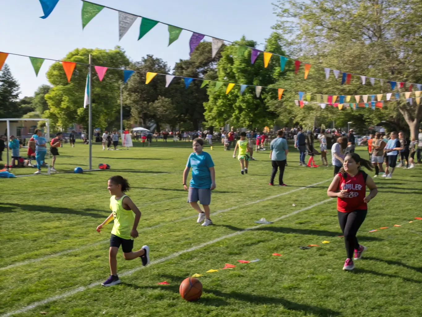 A community event organized by DETENTE SPORTIVE DE SAINT REMY, showing families and individuals participating in various sports and games, emphasizing the organization's role in fostering community cohesion.