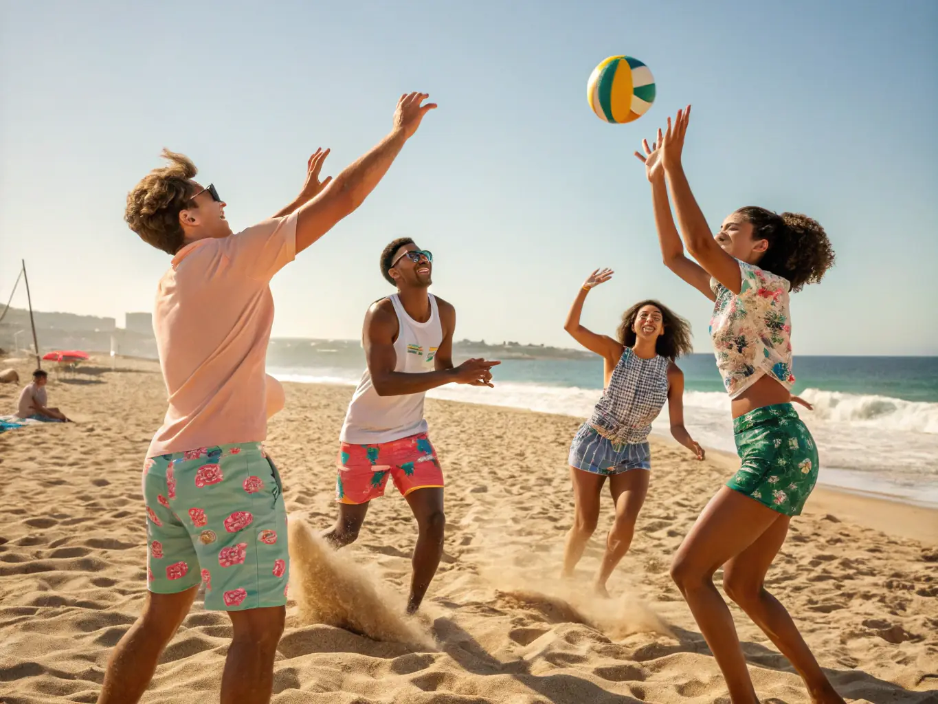 An action shot of adults playing volleyball on a beach, with clear blue skies and a sense of friendly competition.