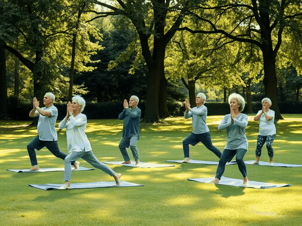 A serene image of seniors participating in a gentle exercise session in a park, emphasizing health and social interaction in Saint-Remy.